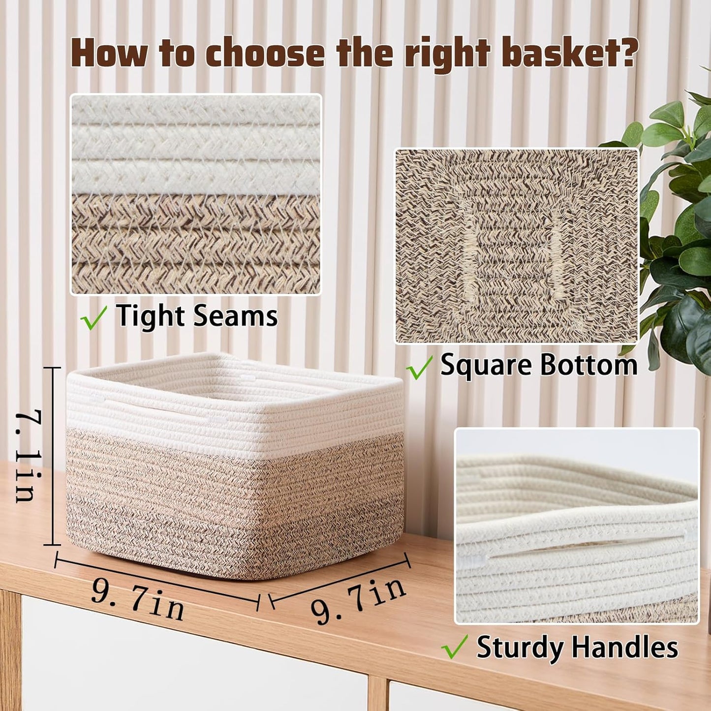 Small Organizing Baskets for Cubes Shelf, 9.7x9.7x7.1 Inch Rope Woven Storage Bins for Nursery Shelves Storage, Cute Toy Basket, Square 3 Packs Gradient Brown