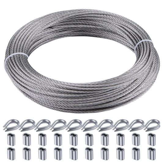 100FT 1/16" Wire Rope Kit, 7x7 Marine Stainless Steel Strand Core, T316 Strength for Hanging, Aircraft, Yard, Garden, Deck Railing, Trellis Wire with Crimping Sleeves, Thimbles