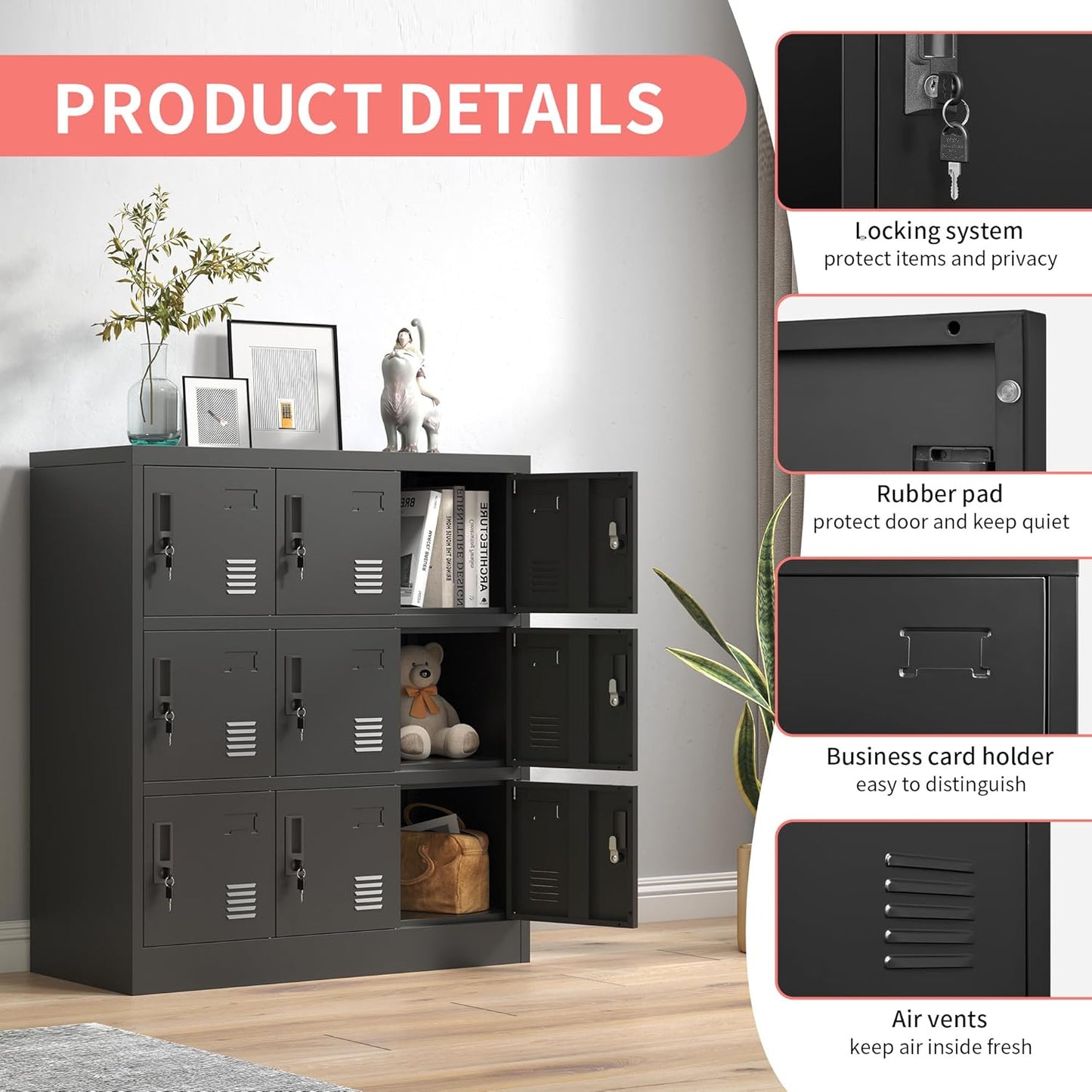 Metal Lockers for Employees,Office Storage Locker with 9 Doors Black,Employee Locker with Lock and Card Slot,Steel Staff Locker Storage Cabinet for Gym Home School Garage,Assembly Required