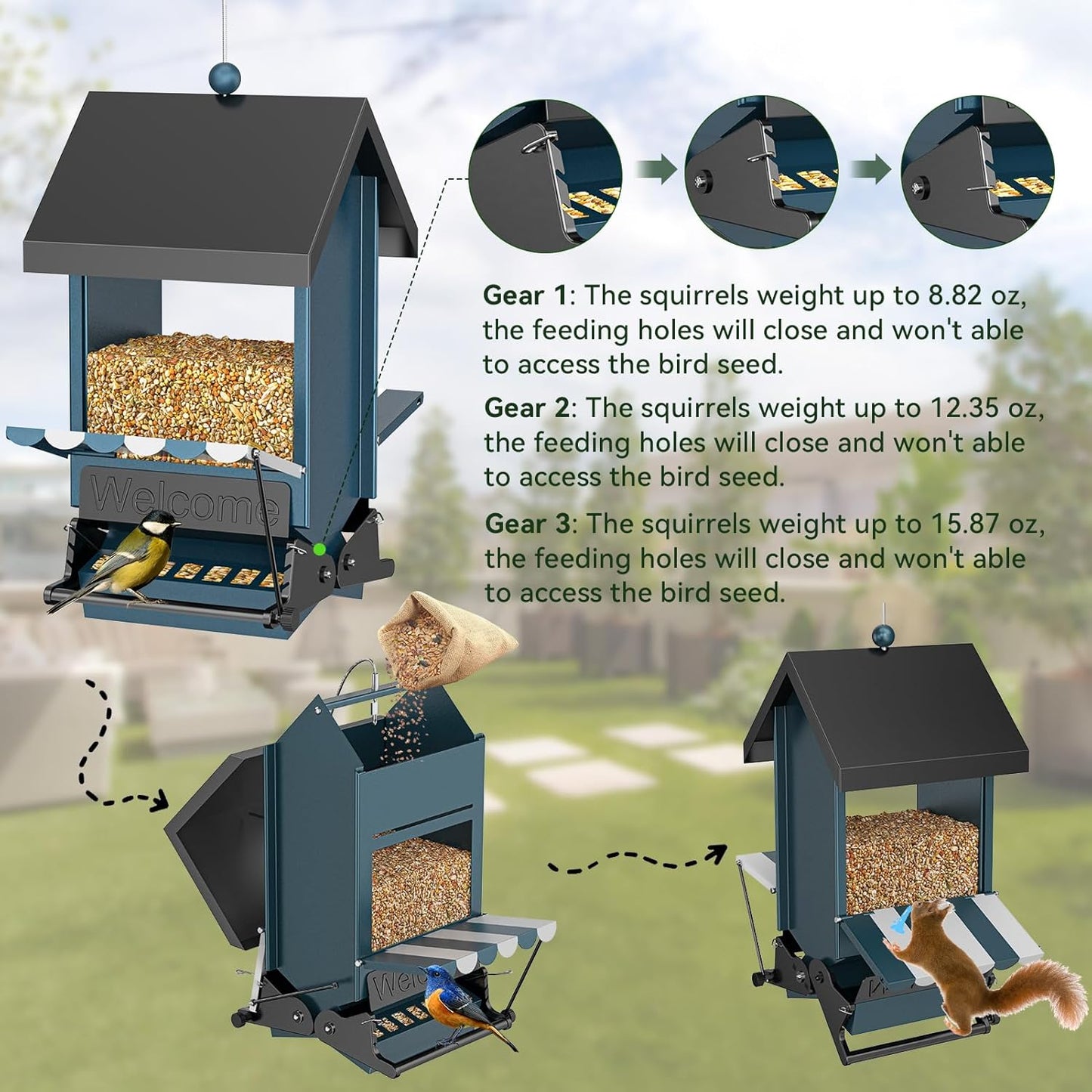 Weight Activated Squirrel Proof Bird Feeder with Canopy | 5LB Large Capacity, Weather-Resistant Design | Attracts Finches, Cardinals & More for Outdoor Bird Watching