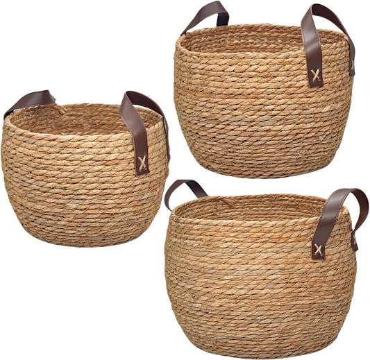 GIB Round Wicker Woven Seagrass Storage Baskets with Leather Handles Set of 3, Natural Decorative Braided Rope Wicker Baskets Bins for Shelves Blankets Organizing, 13", 12" & 11"