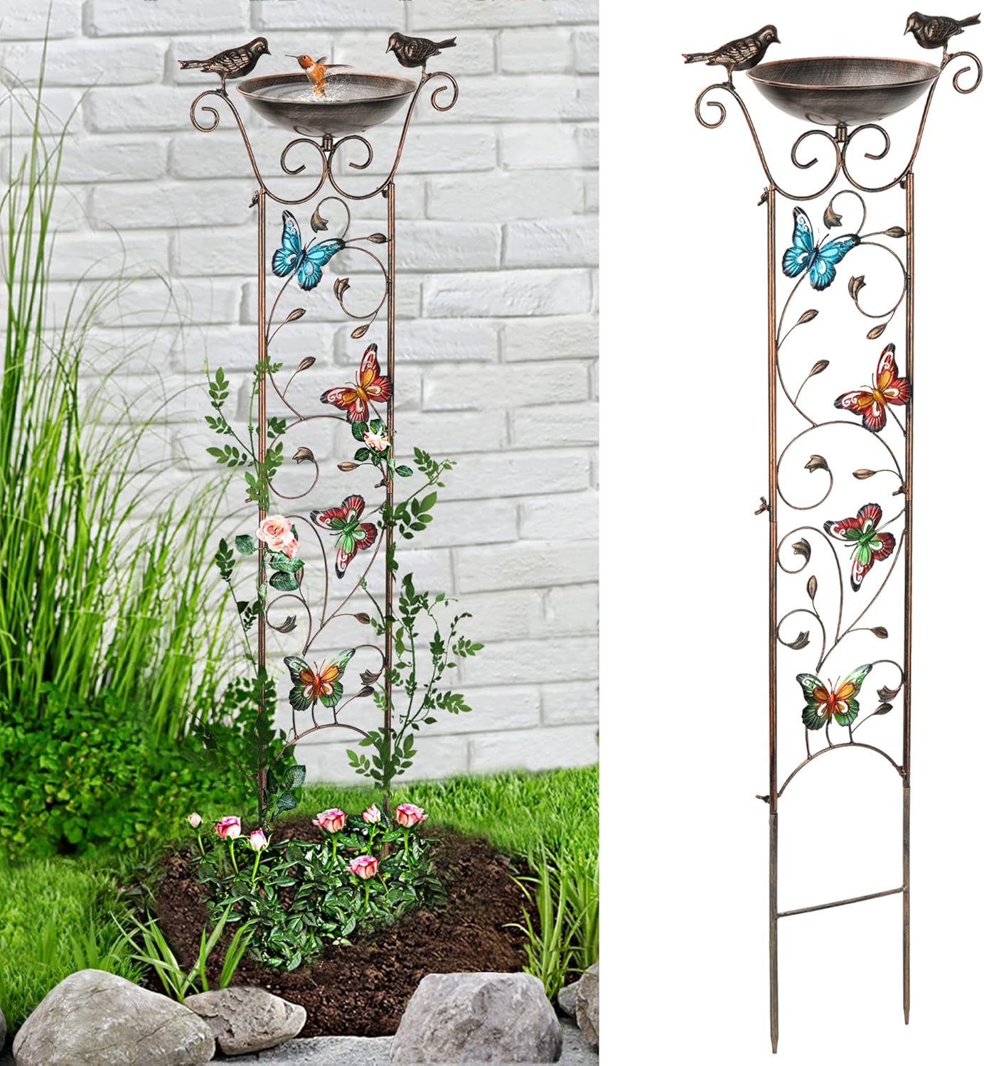 LEWIS&WAYNE Garden Trellis Bird Bath Outdoor, 40 Inch Antique Iron Garden Plant Trellis Decorative with Butterflies and Detachable Drinking Basin Bowl, Free Standing BirdBath Birdfeeder Station