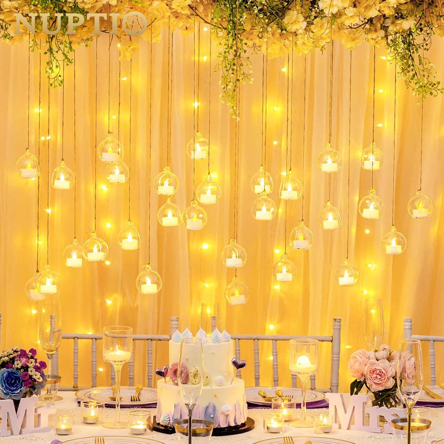 NUPTIO Mini Hanging Glass Tealight Globe Candle Holder with LED Candle, 2.36 Inches Diameter, Wedding Party Tree Decoration (36 Pcs)