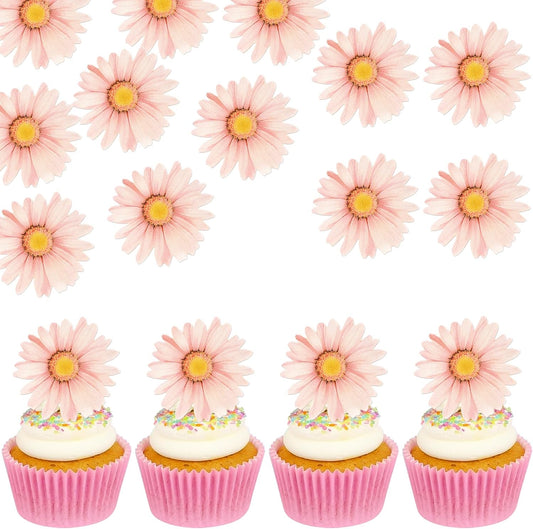 60 PCS Edible Daisy Cupcake Toppers Wafer Paper Daisy Cupcake Picks Edible Sunflower Birthday Party Decorations for Baby Shower Wedding Engagement Birthday Party Cake Food Decorations Supplies Pink