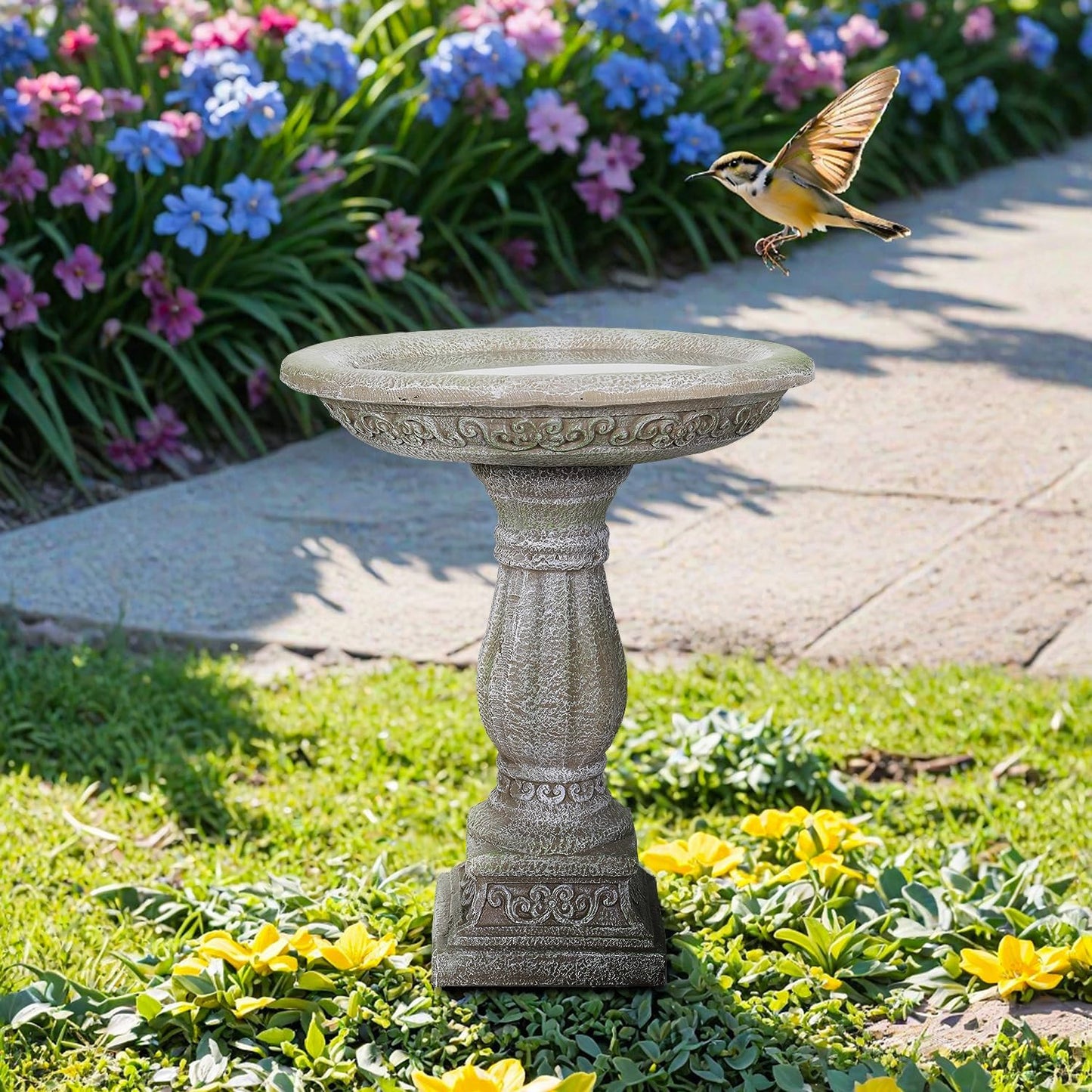 SunJet 23.8” H x 20” Dia Outdoor Birdbath with Exquisite Carvings Pedestal - Fibre Reinforced Concrete Birdbaths, Neoclassical Style Design for Garden Decor & Bird Attraction