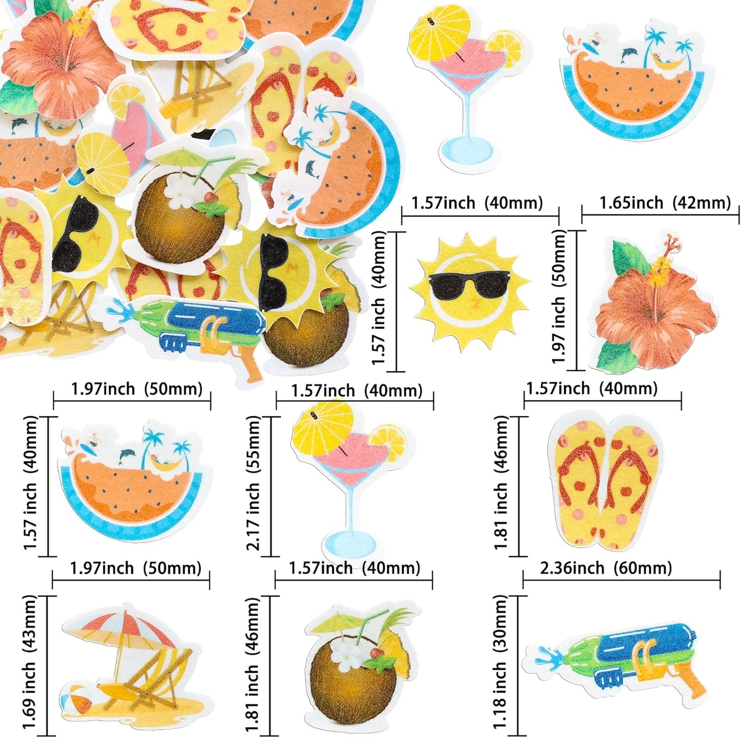 Ephlyn 54Pcs Edible Summer Beach Pool Cupcake Toppers Sun Flower Watermelon Water Gun Coconut Slippers Cupcake Picks Hawaii Theme Birthday Party Cake Decorations Supplies Red Yellow