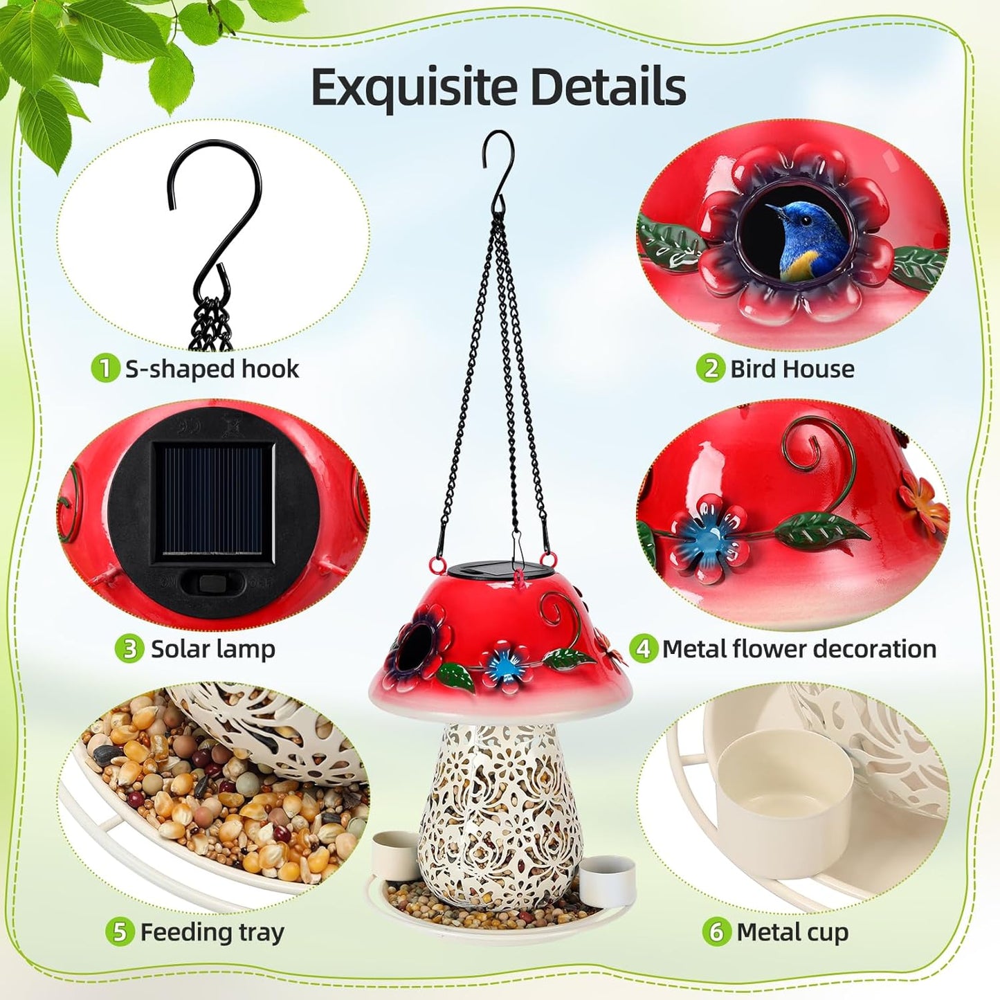 Mushroom Solar Bird Feeders for Outdoors Hanging Metal Wild Bird Feeder Garden Lantern with S Hook for Garden Decoration red