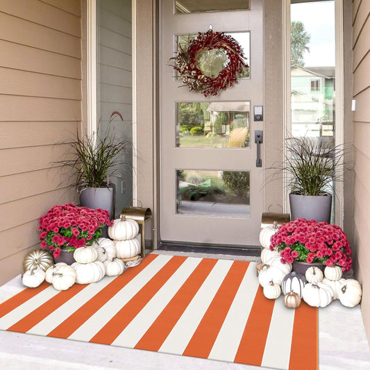 IOHOUZE Fall Door mat 3x5 Ft Orange White Striped Area Rug Washable Front Porch Rug Striped Door Mat Outside Entrance Entryway Doormat for Fall, Halloween, Thanksgiving Porch Decor