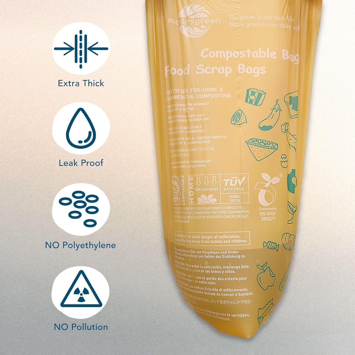 Compostable Trash Bags 13 Gallon, Tall Kitchen Heavey Duty Food Waste Bags, Extra Thick, Certified US BPI ASTM D6400, 49.2 Liter, 50 Count