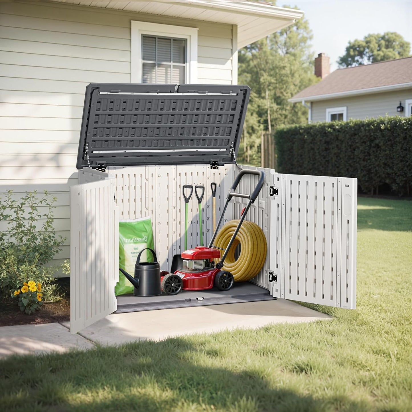 Macrout 25 Cu.Ft Small Plastic Outdoor Storage Cabinet with Floor, 4.3 x 2.5 ft Waterproof Resin Outdoor Storage Shed, Lockable Horizontal Shed for Garden and Patio