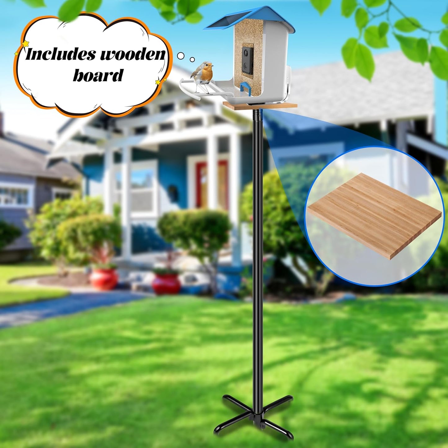 Ottsuls Bird Feeder Pole, 92 Inch Heavy Duty Bird House Pole Kit for Outdoors, with Wooden Board, 5-Prong Base Feeding Station for Wild Birds Watching, Adjustable Feeder Stand (House Not Included)