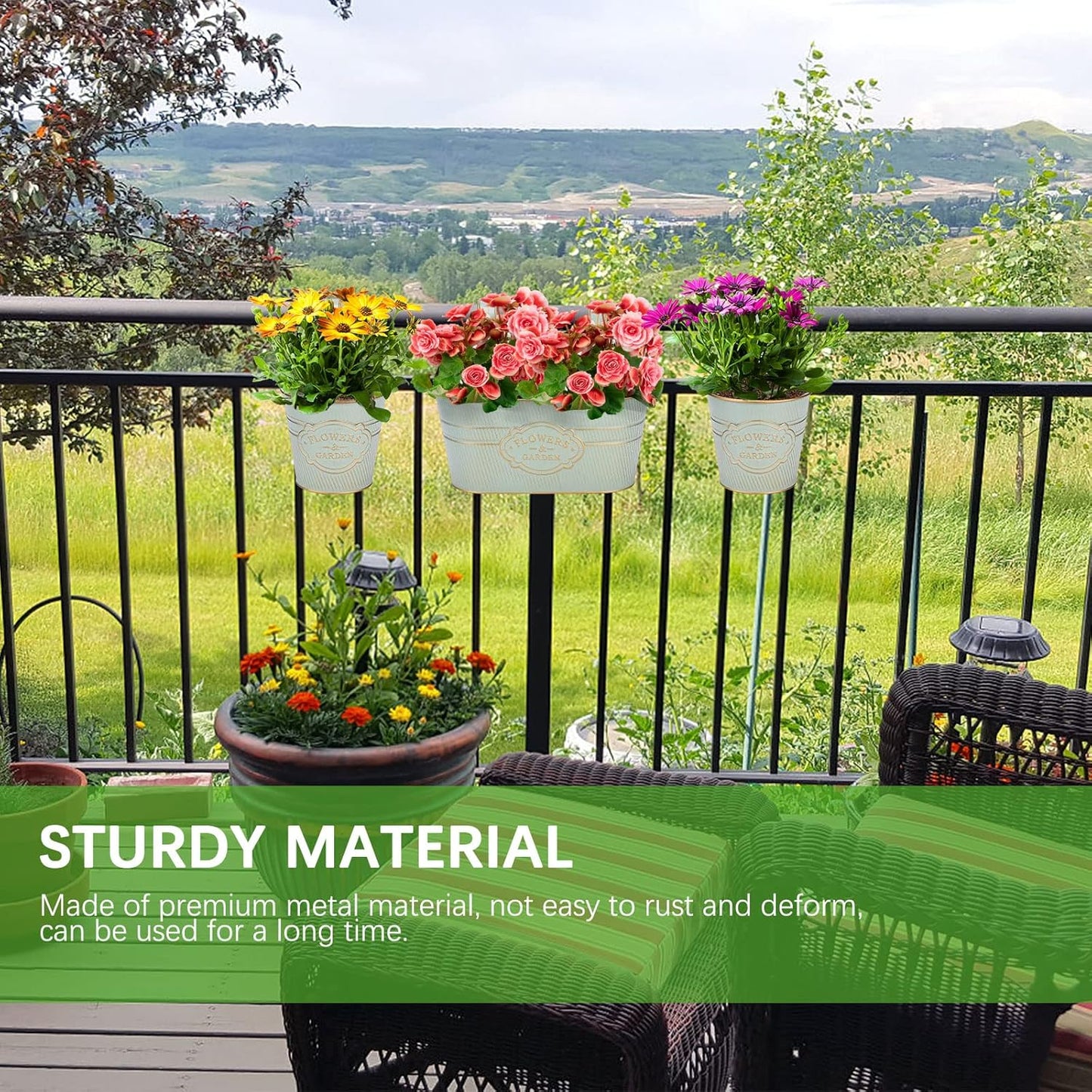 PerGar Vintage Metal Iron Wall Hanging Flower Pots, Rustic Planter Bucket Herb Flower Plant Holder with Detachable Hooks & Drainage Hole for Railing Fence Balcony Deck Garden Home Decoration, Set of 3