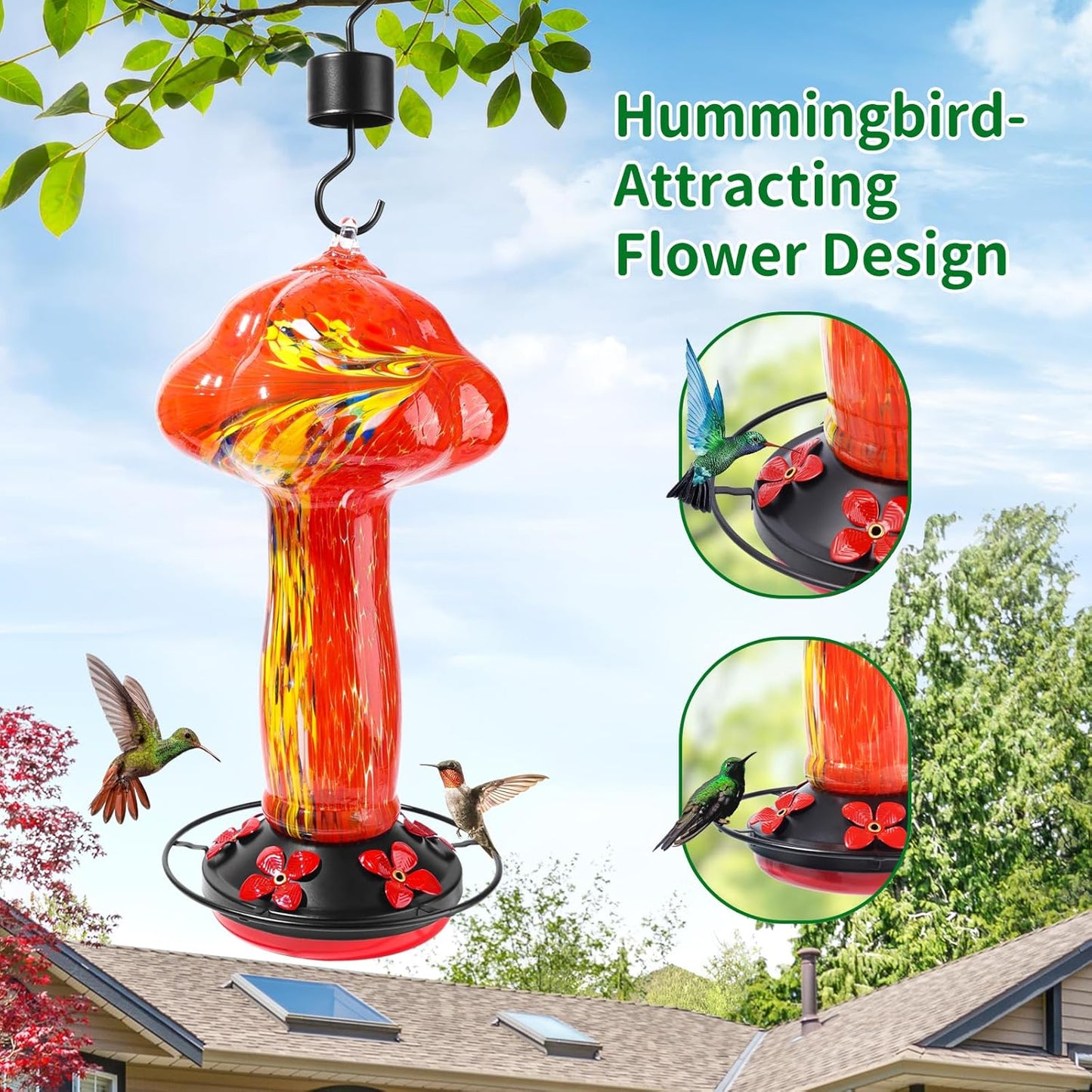 45 Ounce Hummingbird Feeders for Outdoors Hanging Ant and Bee Proof, Unique Hand Blown Glass Hummingbird Nectar Feeder, Gifts for Garden Decor Backyard, Red Feather