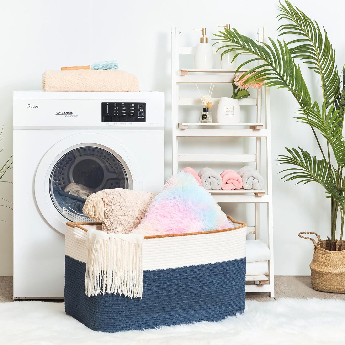 MINTWOOD Design 22in Extra Large Blanket Basket Holder Living Room, Rectangle Rope Woven Storage Basket with Handles for Laundry, Pool Towels, and Shoes, Dog Toy Organizer Bin Box, Prussian Blue