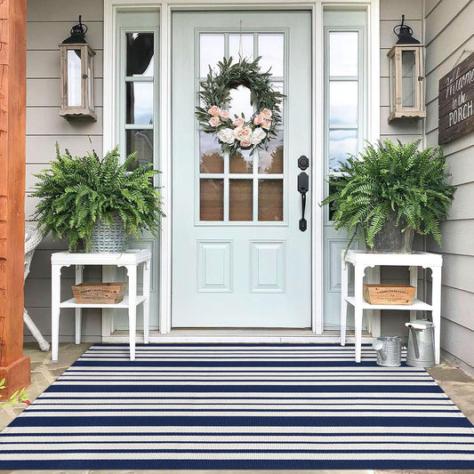 IOHOUZE Navy and White Striped Rug 4'x6' Outdoor Rugs, Washable Area Rug for Double Front Door, Large Patio Rug Outdoor Indoor, Doormat for Entryway Porch Entrance