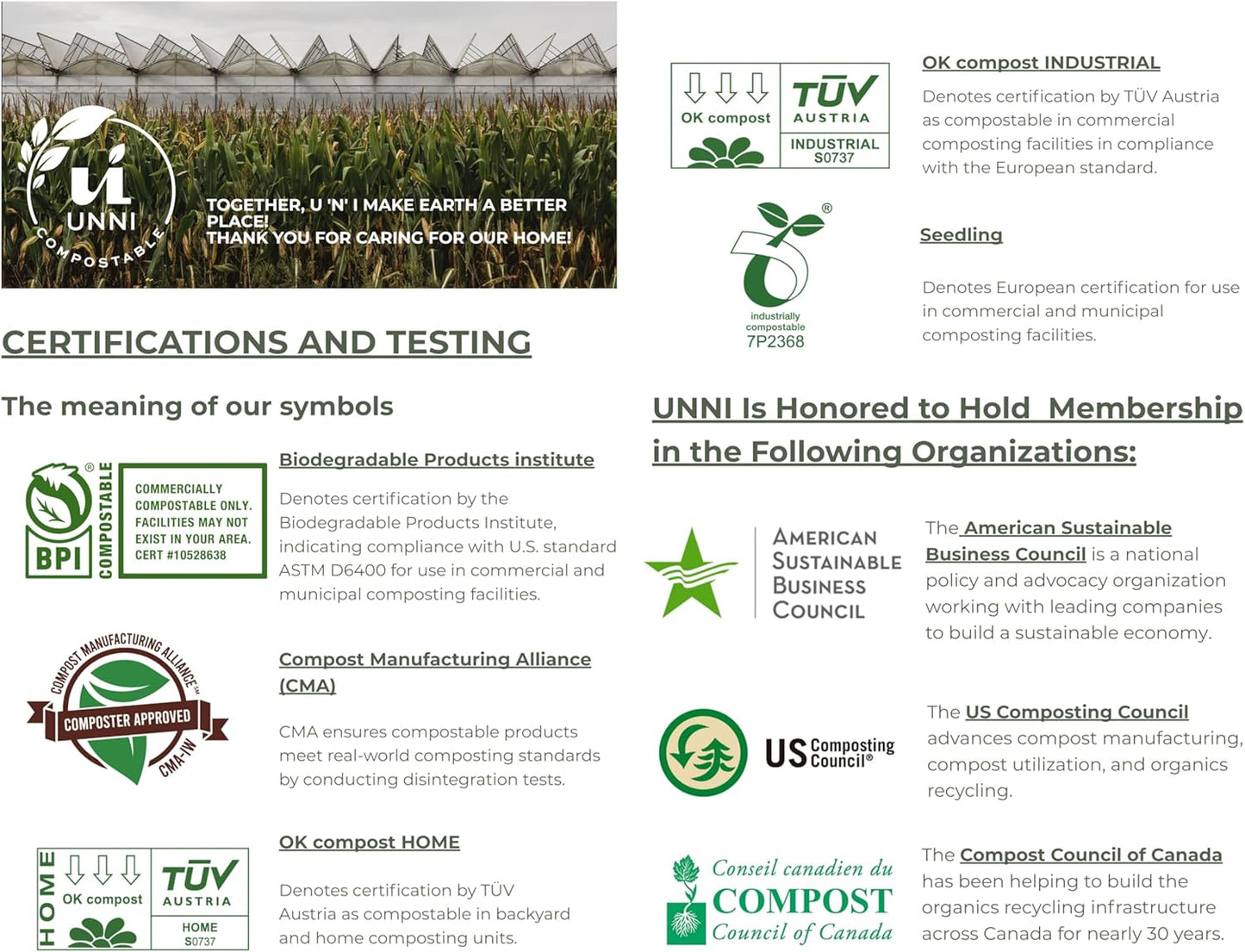 UNNI Compostable Trash Bags, 13 Gallon / 49.2 Liter, 100 Count, Extra Thick 0.9 Mil Tall Kitchen Food Scrap Bin Liners, Certified by BPI, CMA & OK compost HOME, Meets the ASTM D6400 Standard