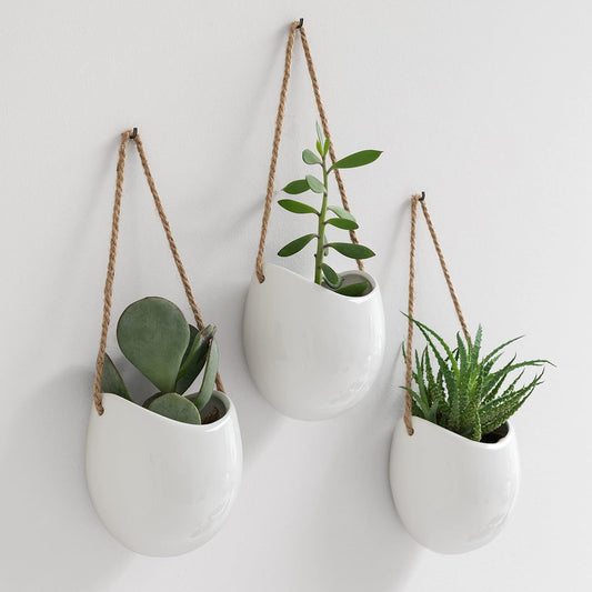 Kazai. Wall Planters -Ellie- | Hanging Ceramic Plant Pots 3 Pieces | Wall Decoration for Indoors, Balcony and Garden | White (Glossy)