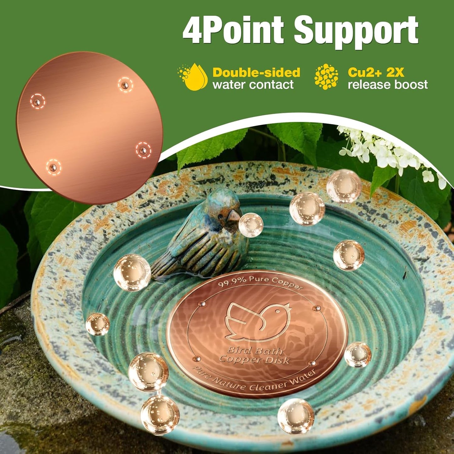 2Pack Bird Bath Copper Disk, 99.99% Pure Copper Cleaning Disc with Four-Point Support, Physical Safe Water Cleaner to Help Maintain Clearer Water for Outdoor Birdbaths & Bowls, All-Season Use