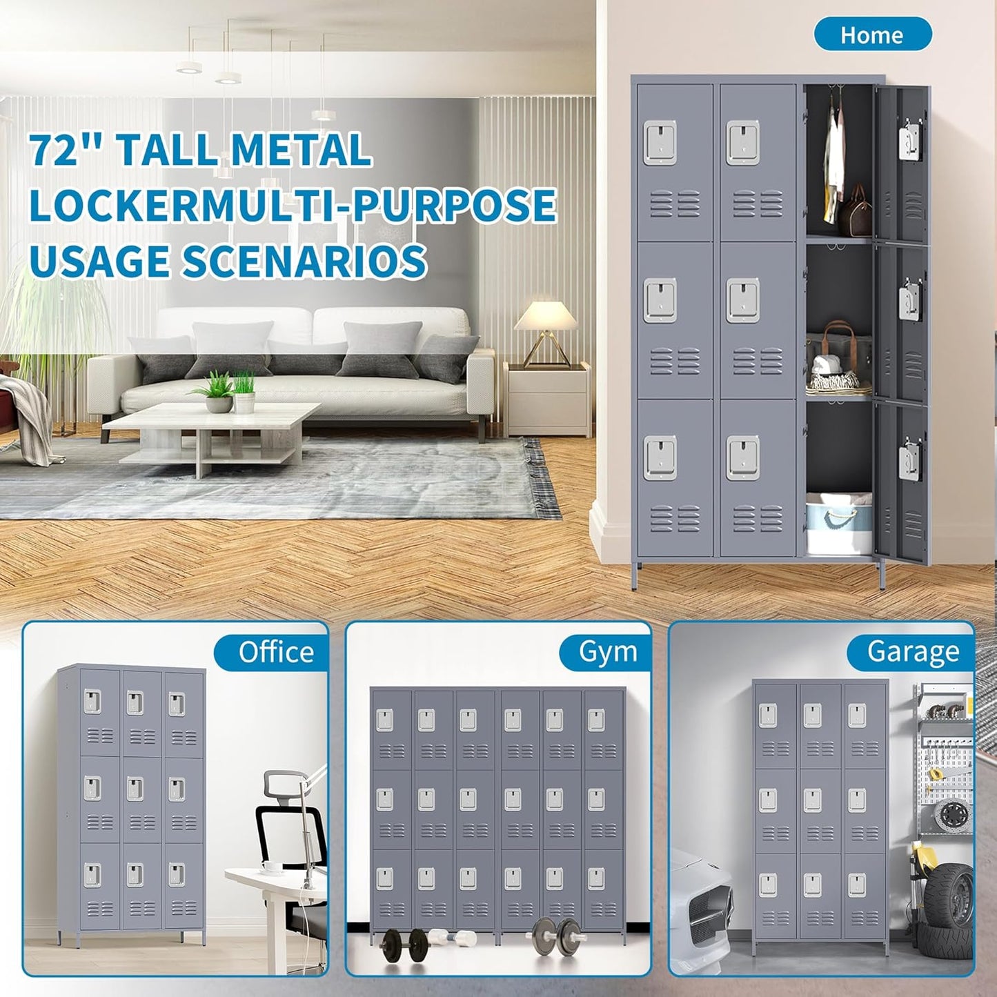 Metal Lockers for Employees, Storage Employee Locker, 72" Storage Lockers with Shelves Steel Cabinet for Home (Gray, 9 door-72'')