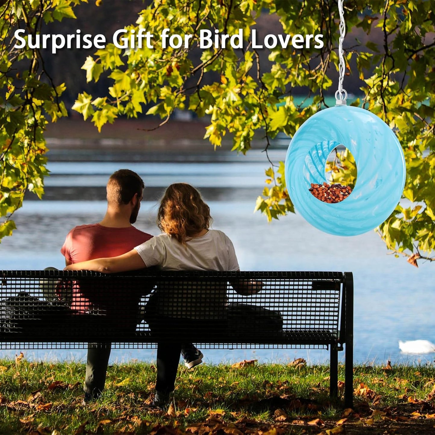 Bird Feeder Fly Through Bird Feeders for Outside Hanging with Round Shape Glass Container Solar Wild Birds Feeder for Garden Decor, 8-Inch (Cyan)