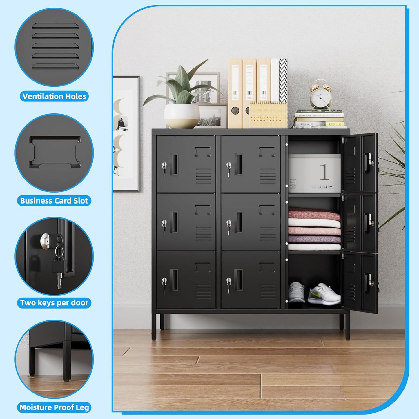 METAN Metal Locker with Padlock and Keys for School Office Gym Bedroom, 9 Doors Black Steel Storage Locker Cabinet for Employees Industrial Storage,Assembly Required