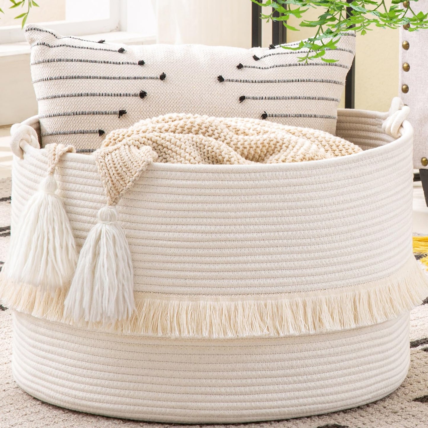 KAKAMAY Large Blanket Basket (20"x13"),Woven Baskets for storage Baby Laundry Hamper, Cotton Rope Blanket Basket for Living Room, Laundry, Nursery, Pillows, Baby Toy chest (White)