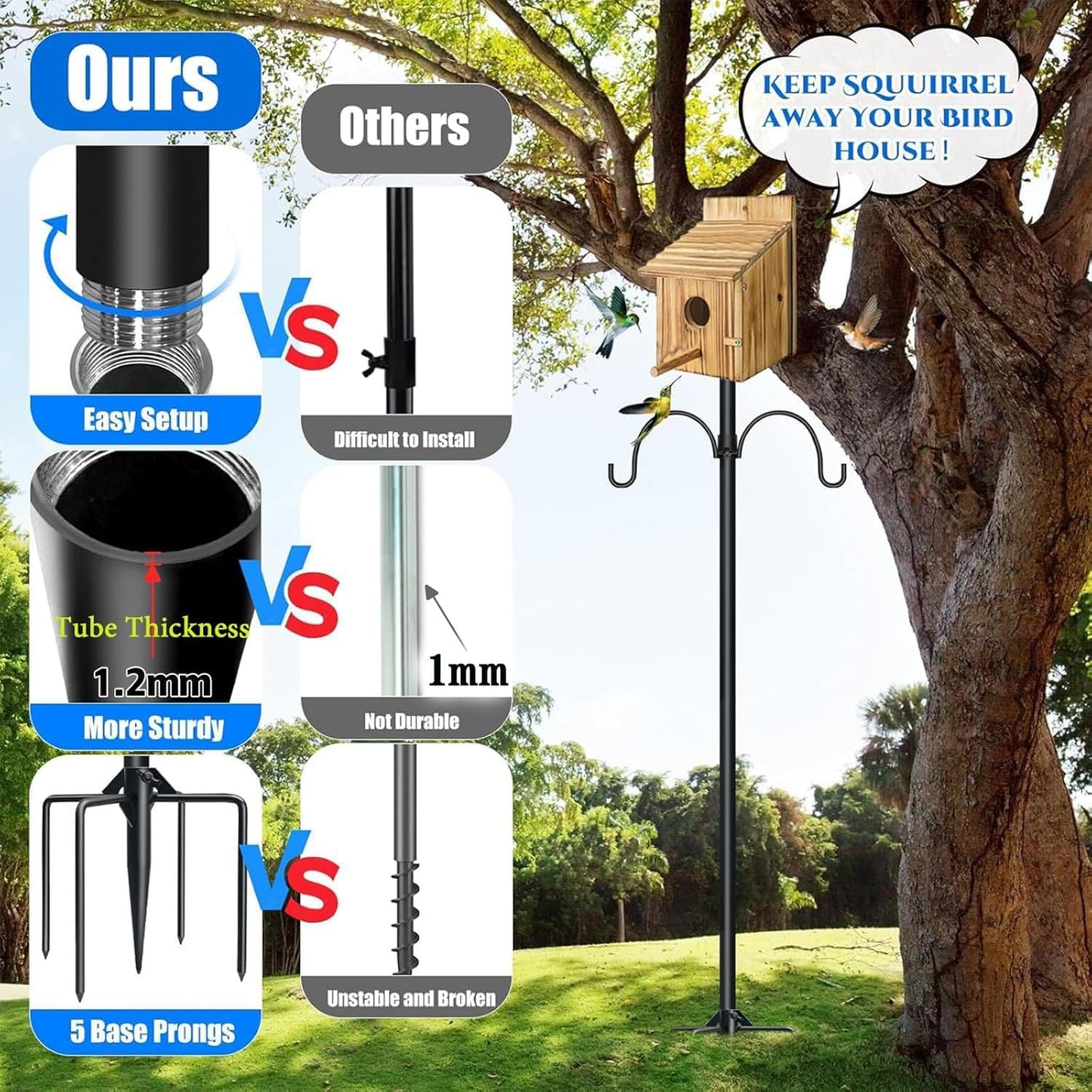 QwayHome【New Upgrade】 80In Smart Bird House Poles, 1Inch Dia Poles, Outdoor Bird Feeder Pole Mount Kit for Smart Bird Feeder & Wooden Birdhouse & Weather Station, Heavy Duty, Adjustable, 5-Prong Base