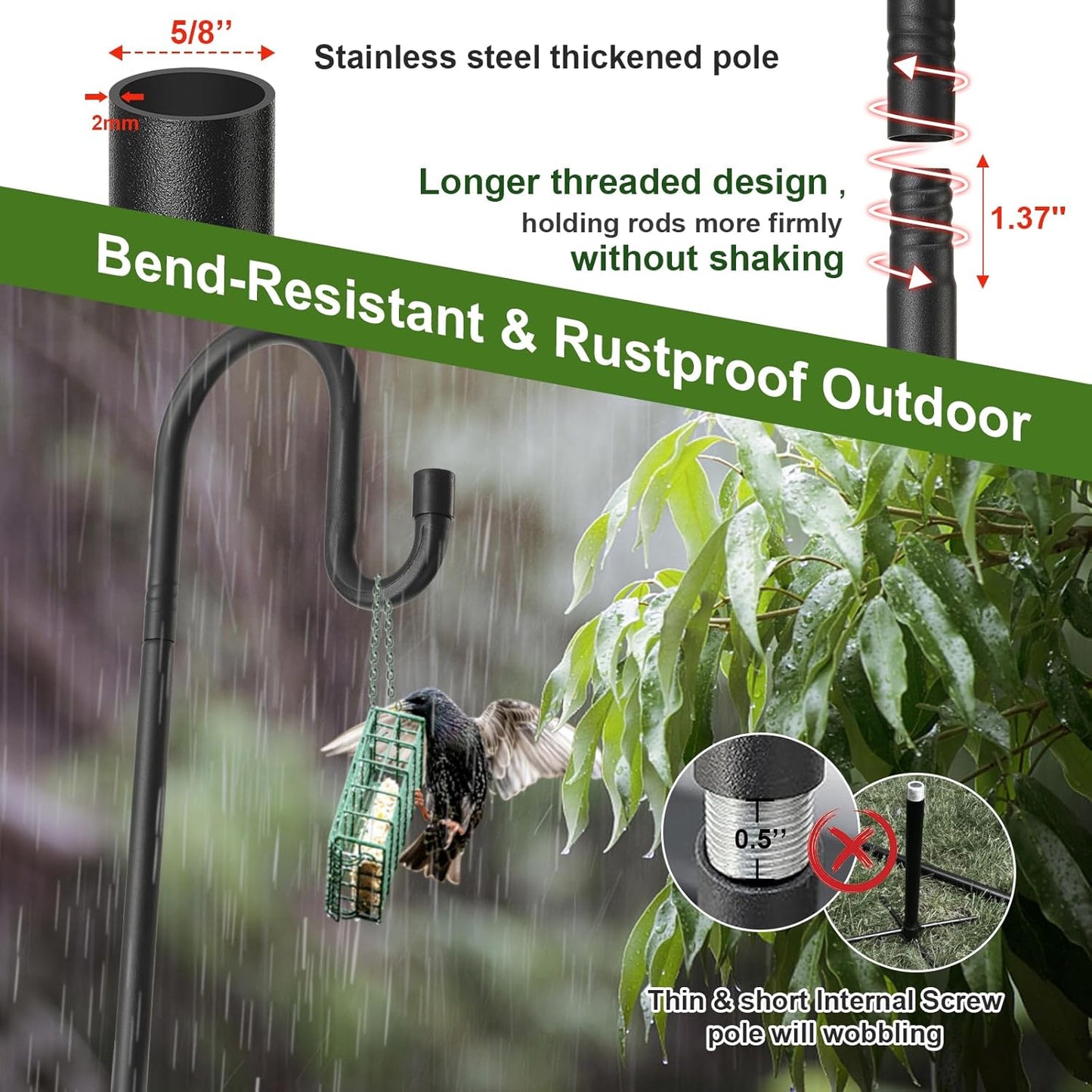 Hummingbird Feeder Pole for Outdoors - Heavy Duty Bird Feeder Stand with Adjustable Stake,62"Rustproof Shepards Poles with Hangers Holder for Birdfeeder,Wind Chimes,Lanterns,Wreaths,Black