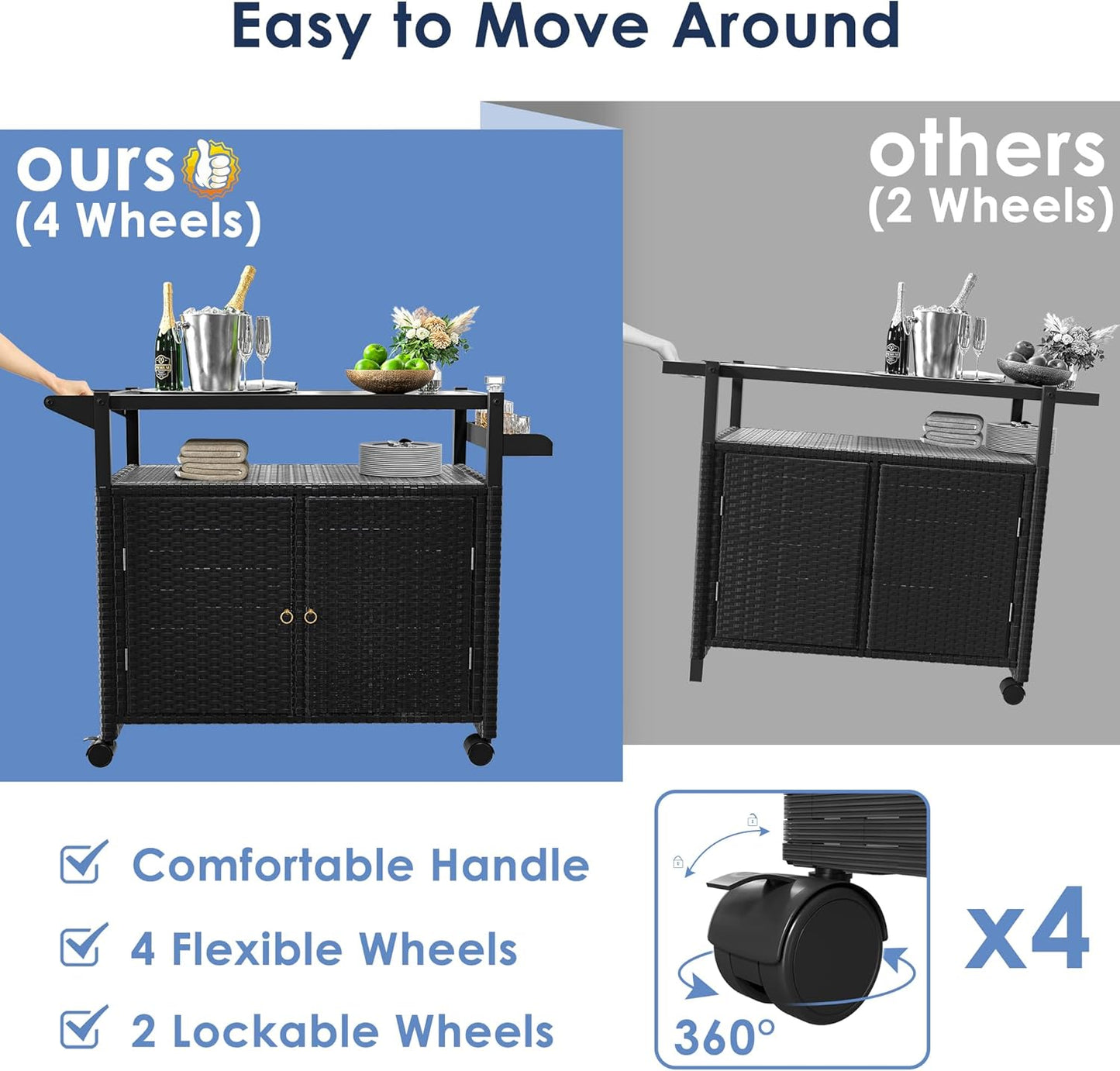 Xilingol Outdoor Bar Table, Wicker Bar Cart with Cabinet, Patio Serving Cart with Tempered Glass Top, Lockable Wheels, Rounded Handle & Side Basket for Garden, Poolside & Backyard, Black