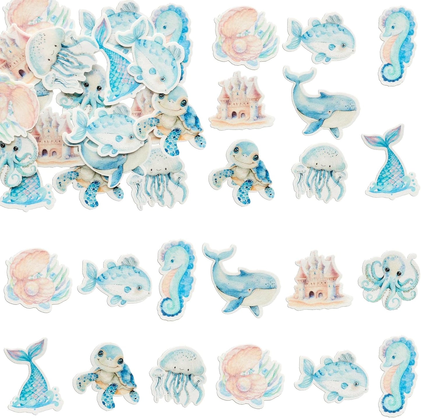 Ephlyn 54Pcs Edible Ocean Animal Cupcake Toppers Wafer Paper Octopus Dolphin Turtle Crab Mermaid Tail Cake Picks for Under the Sea theme Birthday Party Supplies Pink Blue