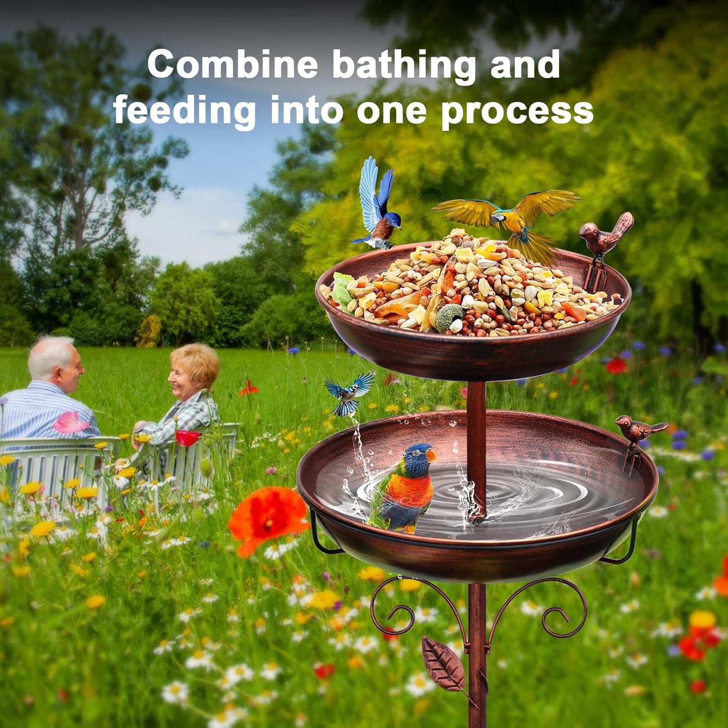 Metal Bird Bath for Outside, 2-in-1 Birdfeeder and Bath, 42 Inch Tall Stand with Hummingbird, Large 12Inch & Small 7.9Inch Bird Bath Bowl, 3 Bird Decor for Garden, Antique Bronze