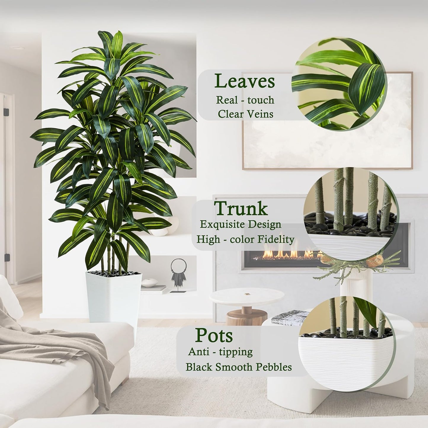 Artificial Dracaena Tree：5FT Faux Silk Tropical Yucca Floor Trees Realistic Fake Green Plant with Natural Wood Trunk & Lifelike Leaves for Home Office Decor Indoor & Outdoor (5FT,1-Pack,White)