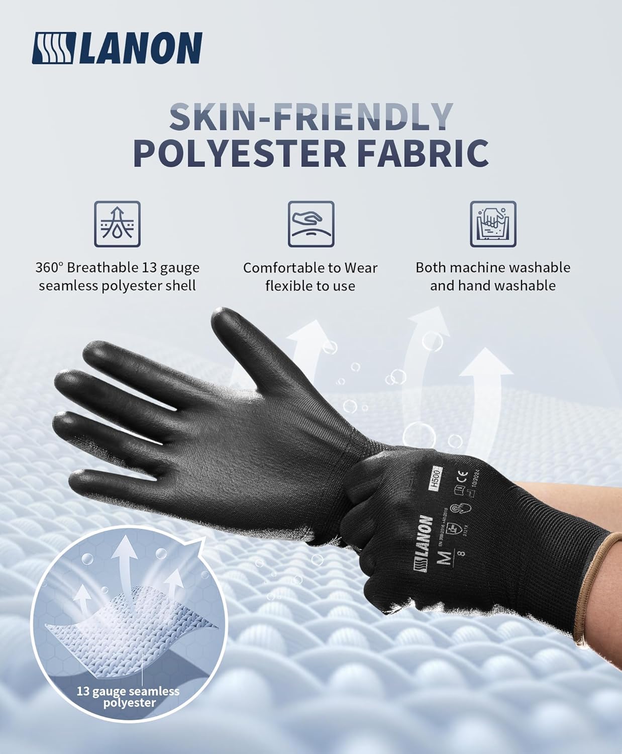 LANON 12 Pairs Safety Work Gloves, Mechanic Working Gloves for Men, PU Coated, Seamless Knit, Lightweight, Black, XL