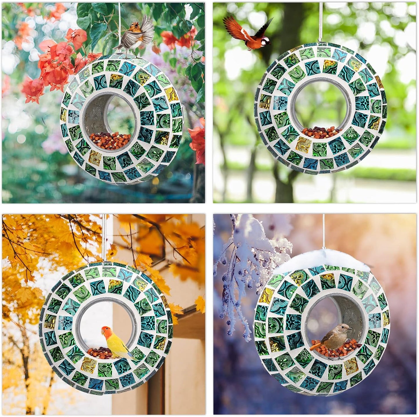 Yinns Bird Feeder - Fly Through Birds Feeder for Outside, Hanging Mosaic Glass Birdfeeder for Outdoors Circle Wild Bird Seed Container, 7-inch Green