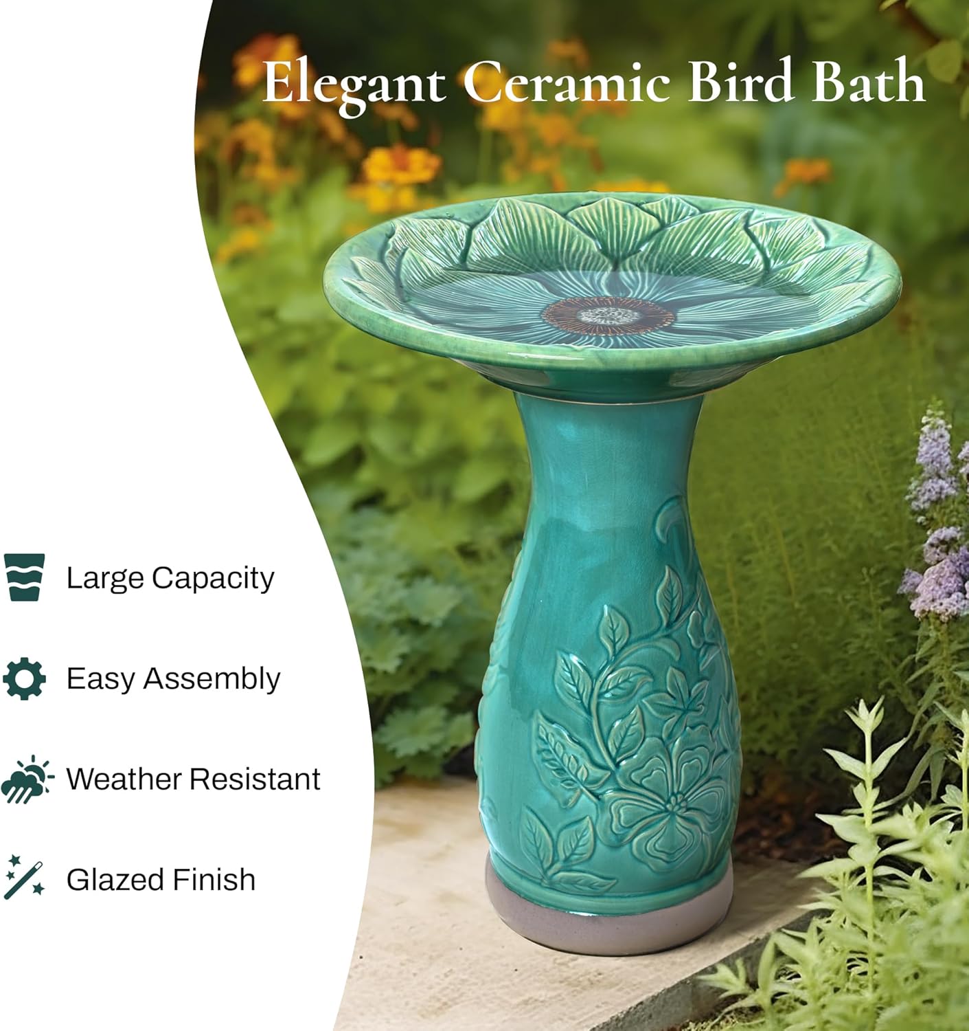 LuxenHome 23 Inch Ceramic Bird Bath for Outside, Elegant Tall Outdoor Bird Bath, Lightweight Pedestal Glazed Birdbaths for Outdoors with Floral Embossed Design, Jade Green