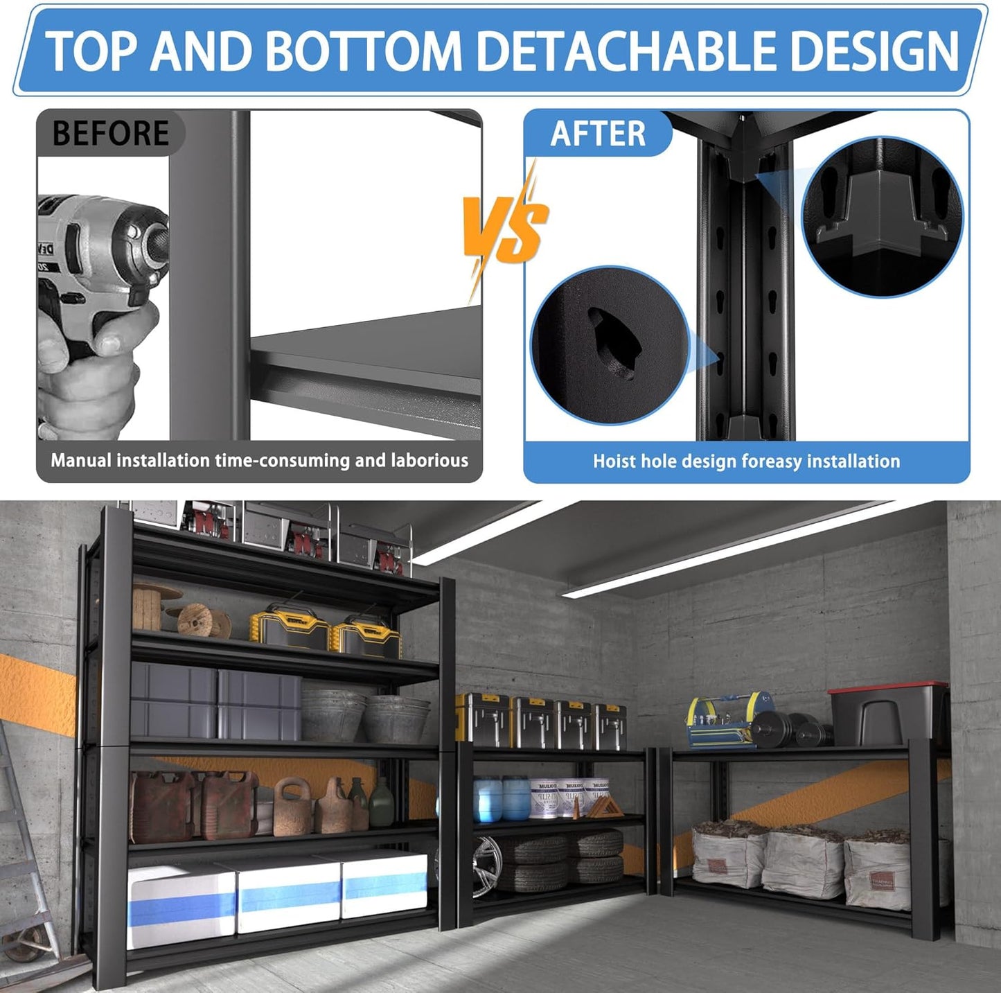 5-Tier Garage Shelving Heavy Duty, 3000 LBS Capacity Metal Storage Rack 24" D x 60" W x 76" H, Adjustable Steel Shelves Unit for Garage, Warehouse, Basement, Pantry, Workshop.1 Pack