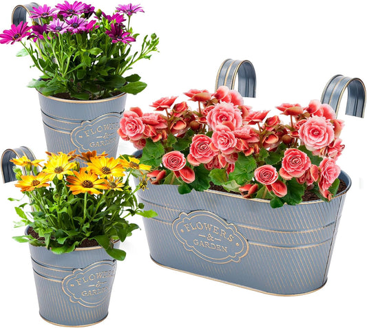 PerGar Vintage Metal Iron Wall Hanging Flower Pots, Rustic Planter Bucket Herb Flower Plant Holder with Detachable Hooks & Drainage Hole for Railing Fence Balcony Deck Garden Home Decoration, Set of 3