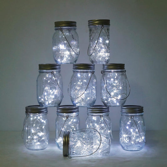 Decorman Solar Mason Jar Lights, 10 Pack 30 LED Fairy Star Firefly String Lids Lights with 10 Hangers for Patio Yard Garden Party Wedding Christmas Decoration(Jars Not Included) (10 Pack, Cool White)