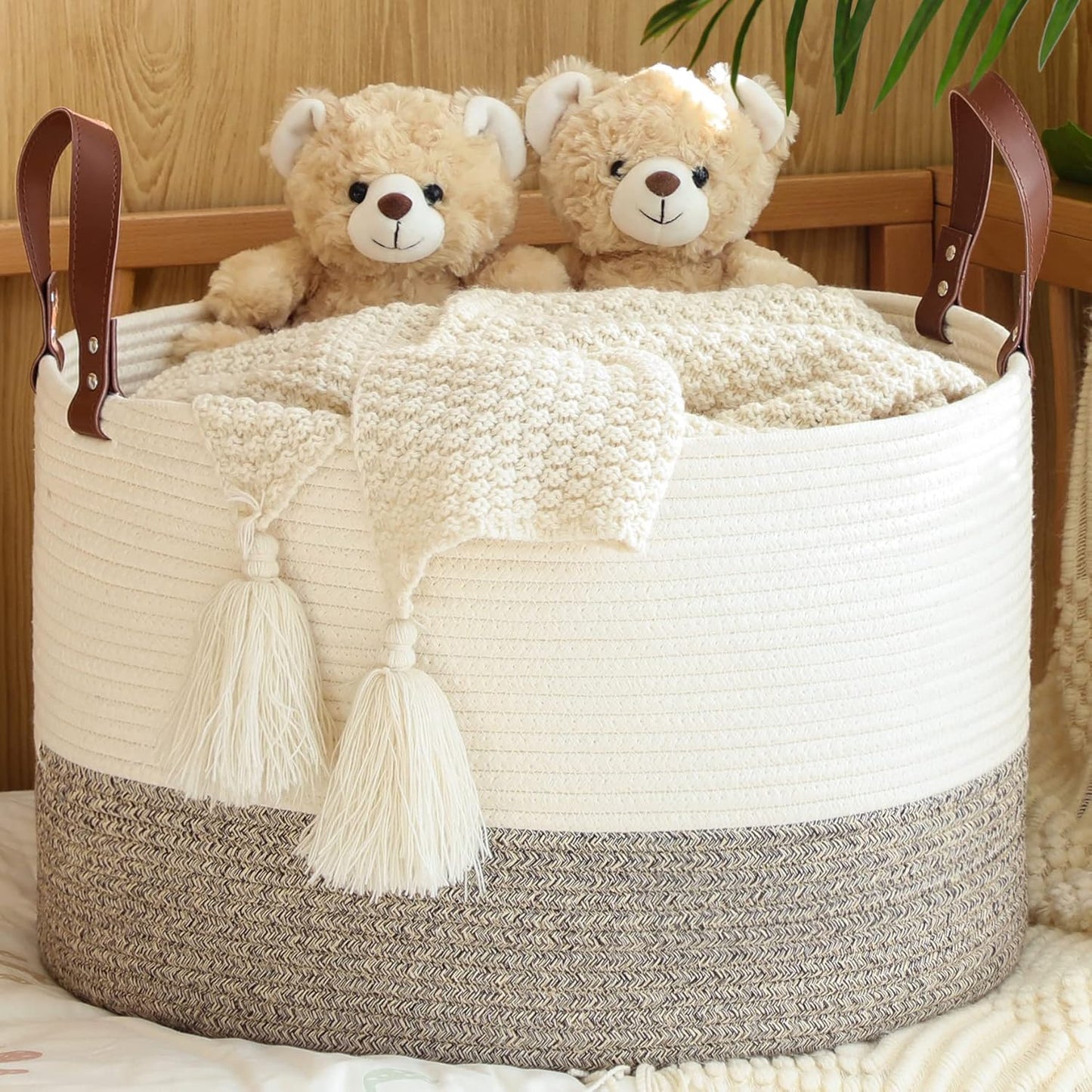 KAKAMAY Large Blanket Basket (20"x13"),Woven Baskets for storage Baby Laundry Hamper,Cotton Rope Blanket Basket for Living Room, Laundry, Nursery, Pillows, Baby Toy chest (White/Beige)