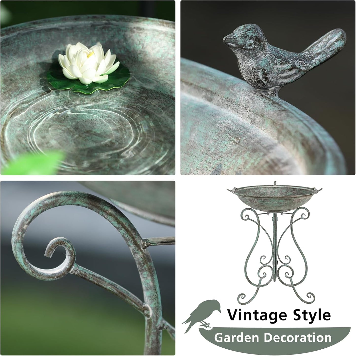 Solution4Patio 19.3" x 26.4" Vintage Metal Bird Bath for Outside - Foldable Garden Decor with Cast Iron Bird, Stable Birdbath Bowl & Feeder