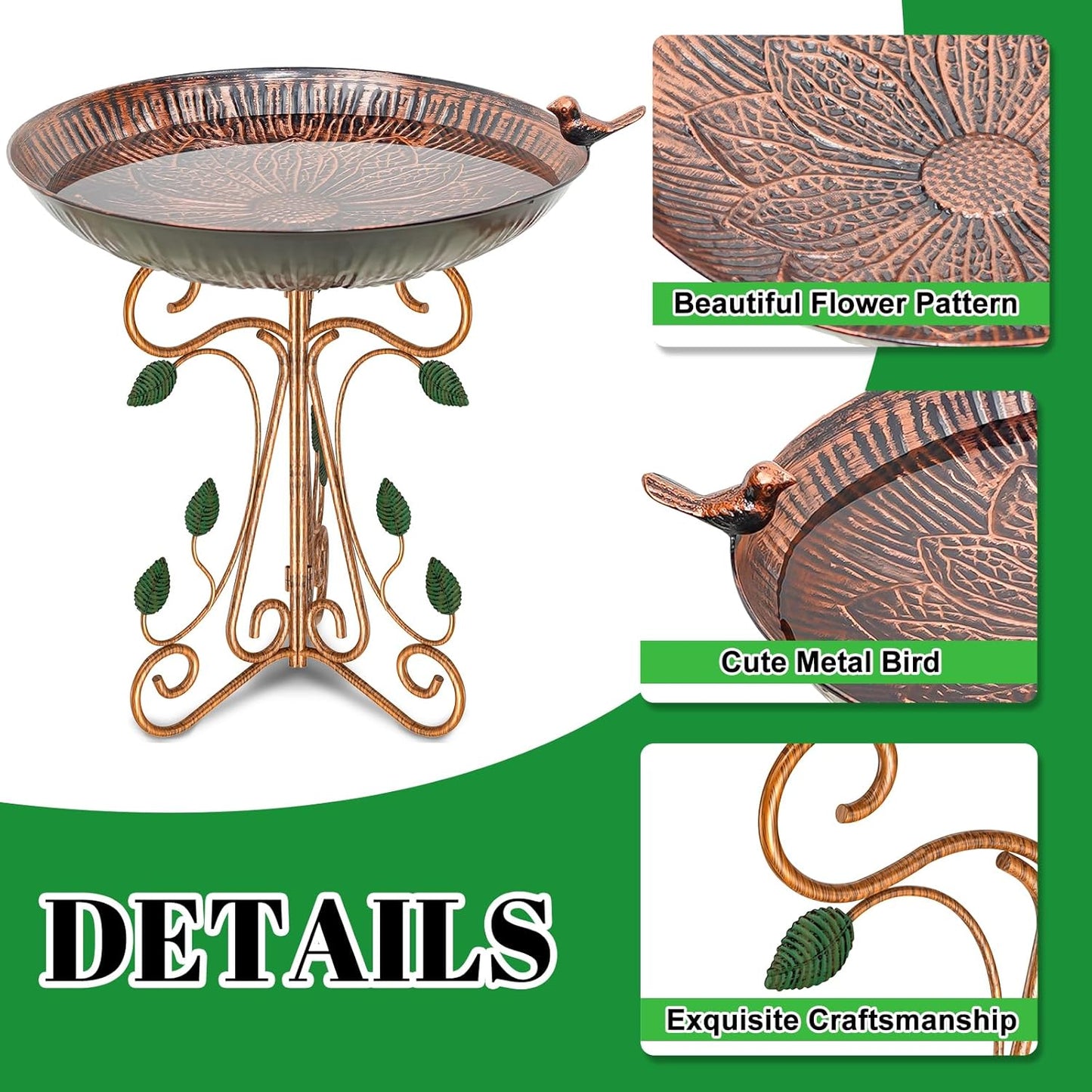 13" Diameter Vintage Metal Bird Bath, Birdbaths with Cast Iron Pedestal, Large Antique Bird Feeder for Outdoors Garden Patio Decor (Copper Lotus)