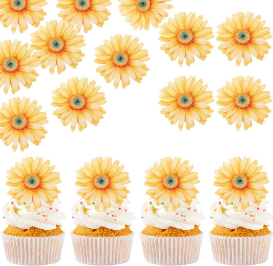 60 PCS Edible Daisy Cupcake Toppers Wafer Paper Flower Birthday Party Decorations Edible Sunflower Cupcake Picks for Baby Shower Spring Wedding Birthday Party Cake Food Decorations Supplies Yellow