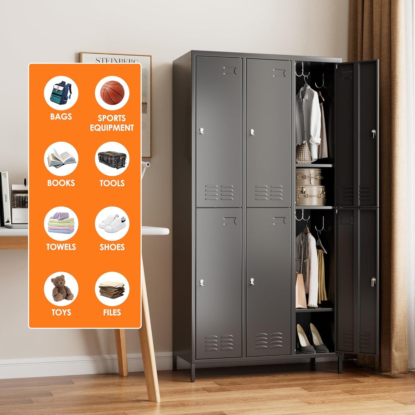 6 Doors Metal Lockers for Employees with 6 Shelves and 18 Hooks, Storage Locker with Business Card Holder for Office Gym School Bedroom, Assembly Required, Black