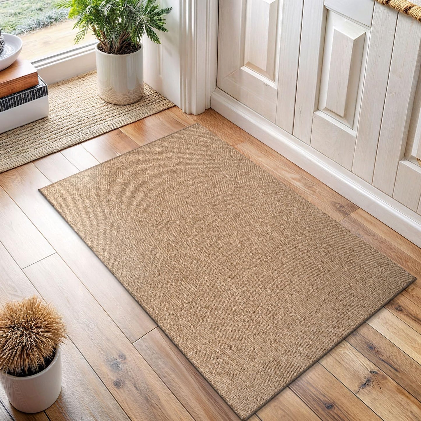 Washable Easy Jute Rug 2x3, Indoor Outdoor Doormat Natural Color Farmhouse Area Rugs for Living Room, Kitchen Rug High Traffic Area, Easy Clean Solid Boho Woven Design Outside Carpet (2 X 3 Natural)