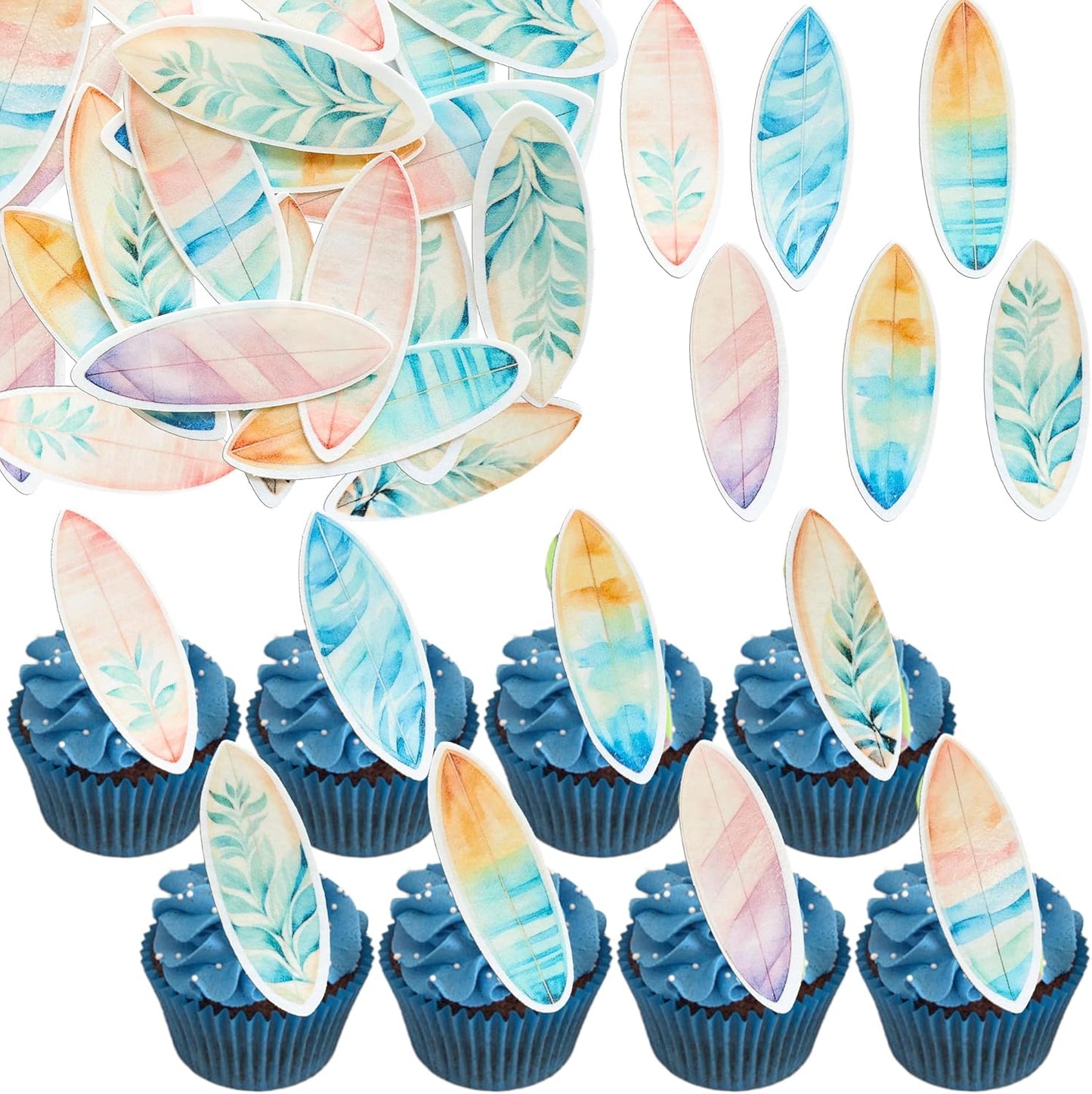 Ephlyn 54Pcs Edible Surfboard Cupcake Toppers Wafer Paper Surfboard Mini Accents for Swimming Pool Summer Beach Party Luau Birthday Baby Shower Party Supplies Blue Pink Yellow