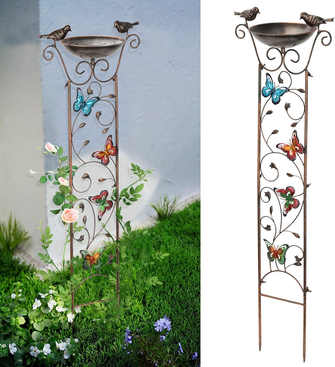 SUNNYPARK Bird Bath with Trellis Outdoor, Antique Garden Iron Trellis with Decorative Butterflies Detachable Bird Bowl Metal Potted Plants Support for Climbing Flowers