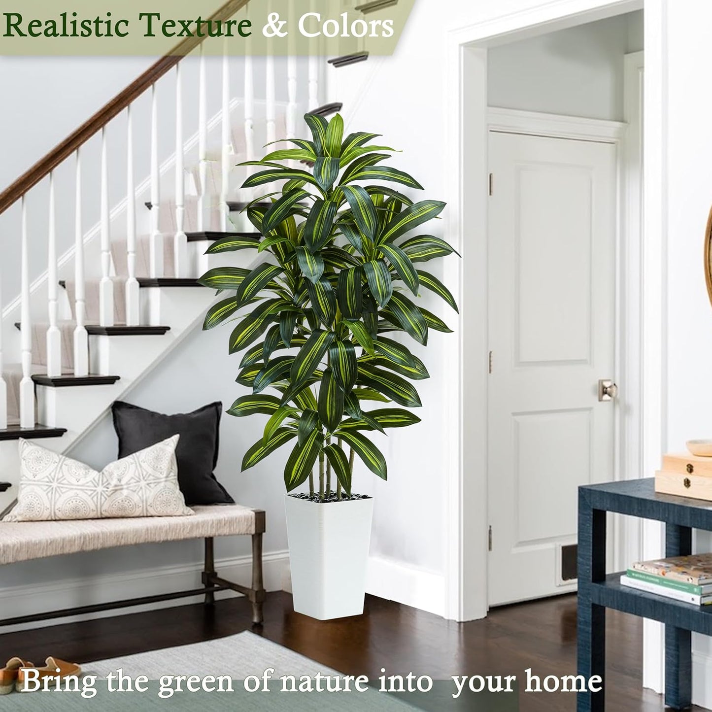 Artificial Dracaena Tree：5FT Faux Silk Tropical Yucca Floor Trees Realistic Fake Green Plant with Natural Wood Trunk & Lifelike Leaves for Home Office Decor Indoor & Outdoor (5FT,1-Pack,White)