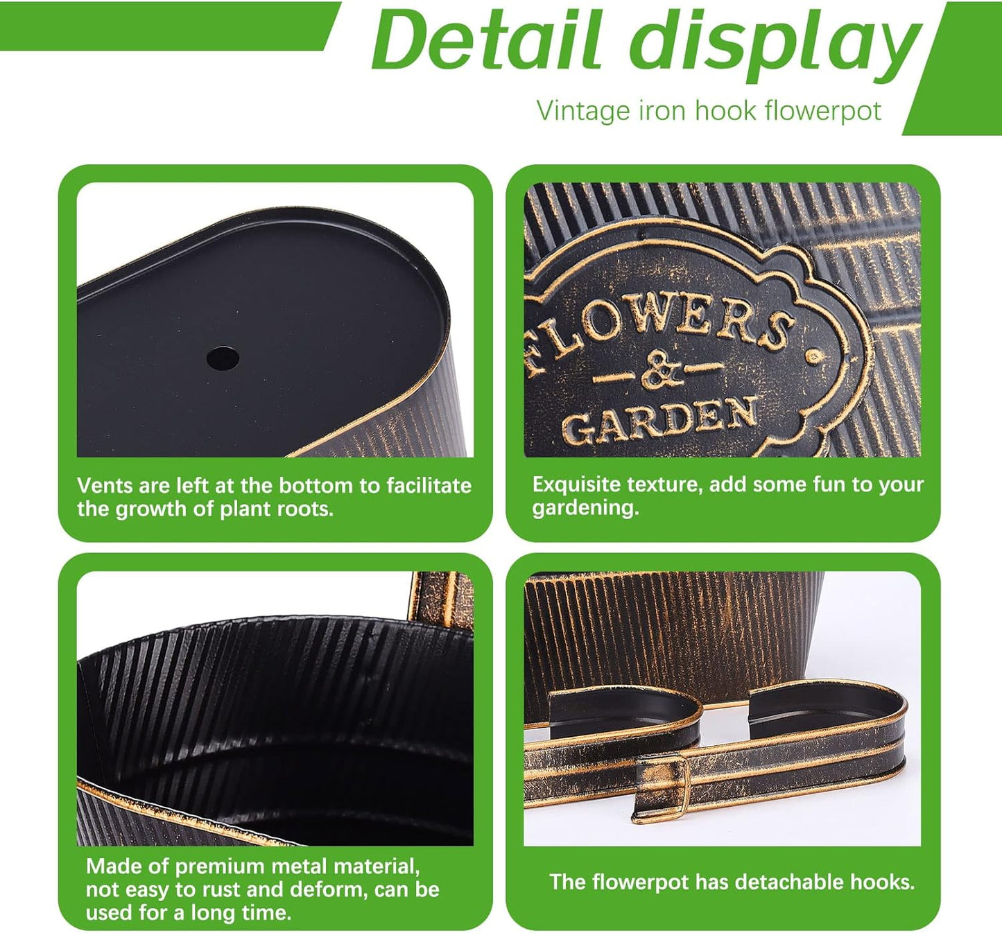 PerGar Vintage Metal Iron Wall Hanging Flower Pots, Rustic Planter Bucket Herb Flower Plant Holder with Detachable Hooks & Drainage Hole for Railing Fence Balcony Deck Garden Home Decoration, Set of 3