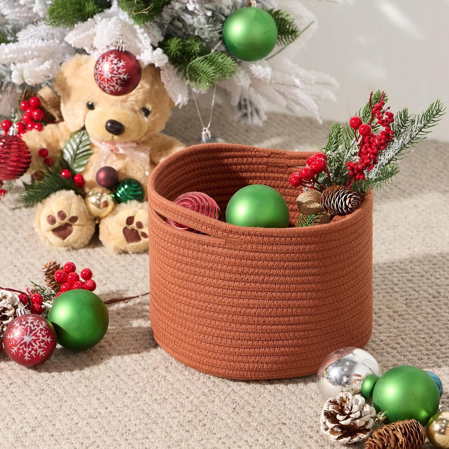 Small Basket for Organizing | Cube Shelf Closet Storage Baskets | 9.7×9.7×7.1” | Woven Rope Gift Basket | Nursery | Round 3 Packs Oxide Red