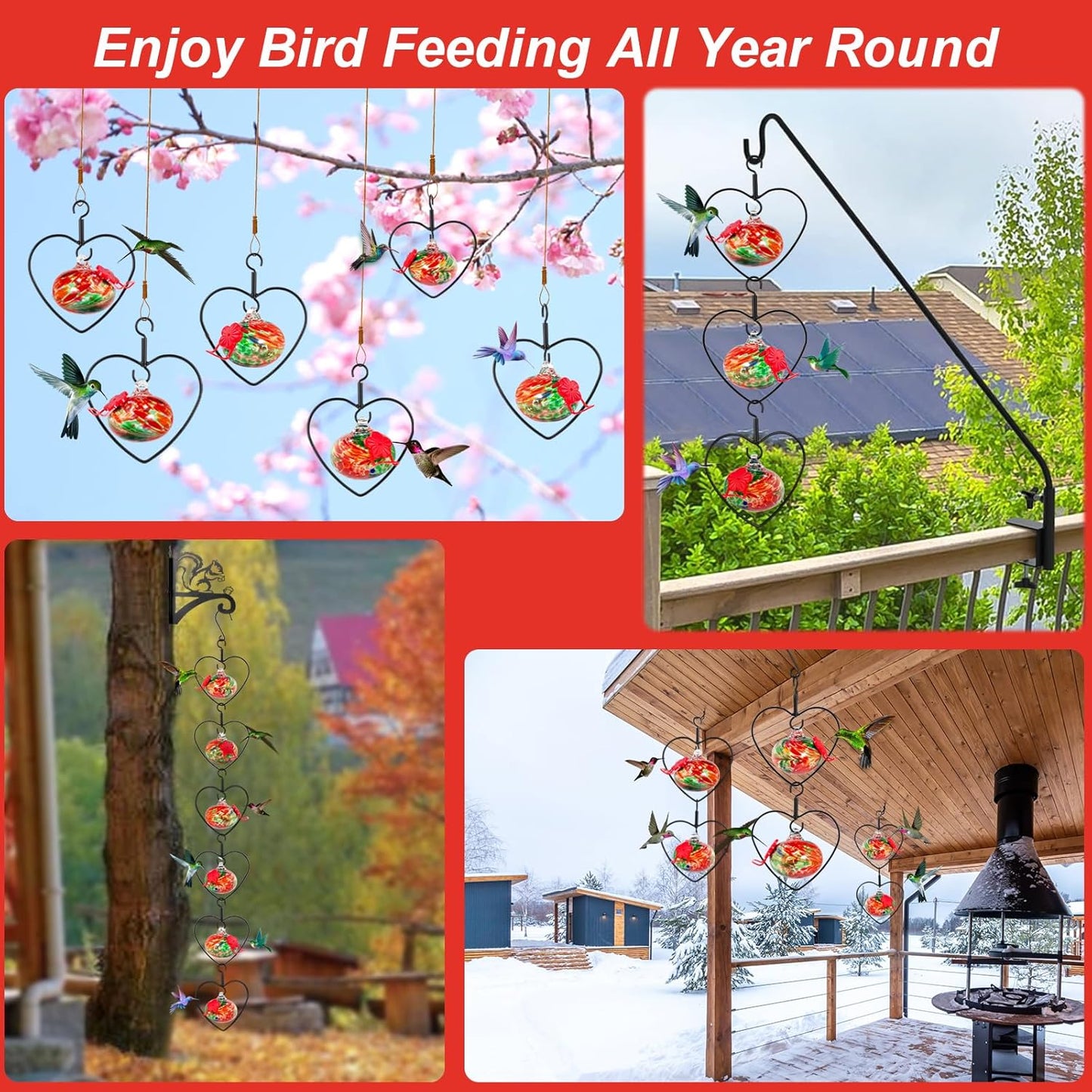 6 Pcs Heart-Shaped Hummingbird Feeder for Outdoors, Flexible Stackable Hand Blown Glass Humming Bird Feeders with 6 Adjustable Perch for Garden Tree Yard Patio Outdoors (Heart Shaped, Red)
